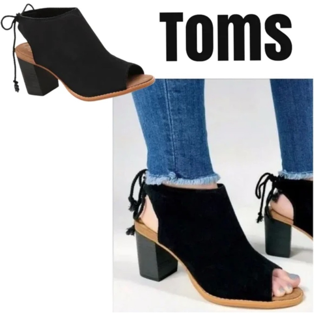 Toms Ellia Back Tie Black Leather Suede, Black Peep-Toe Block Heels, W- 8.